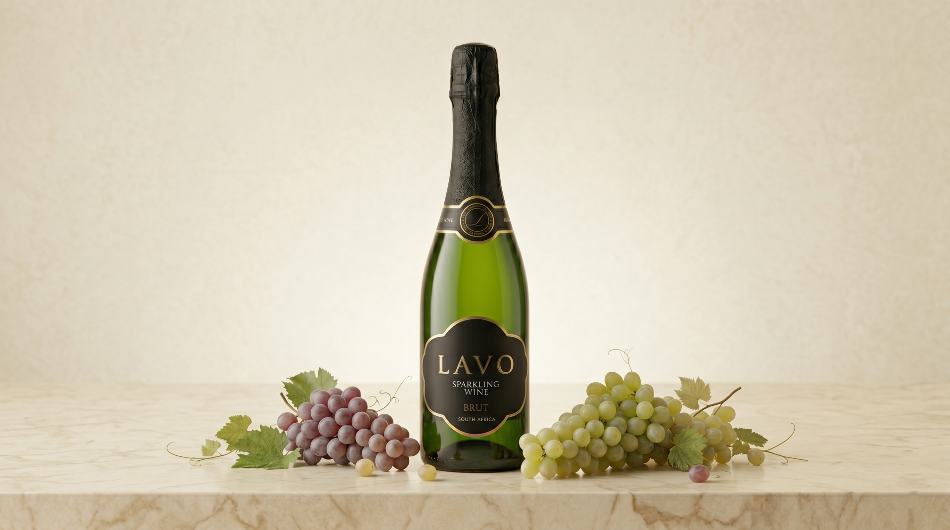 Lavo Sparkling Brut bottle with grapes